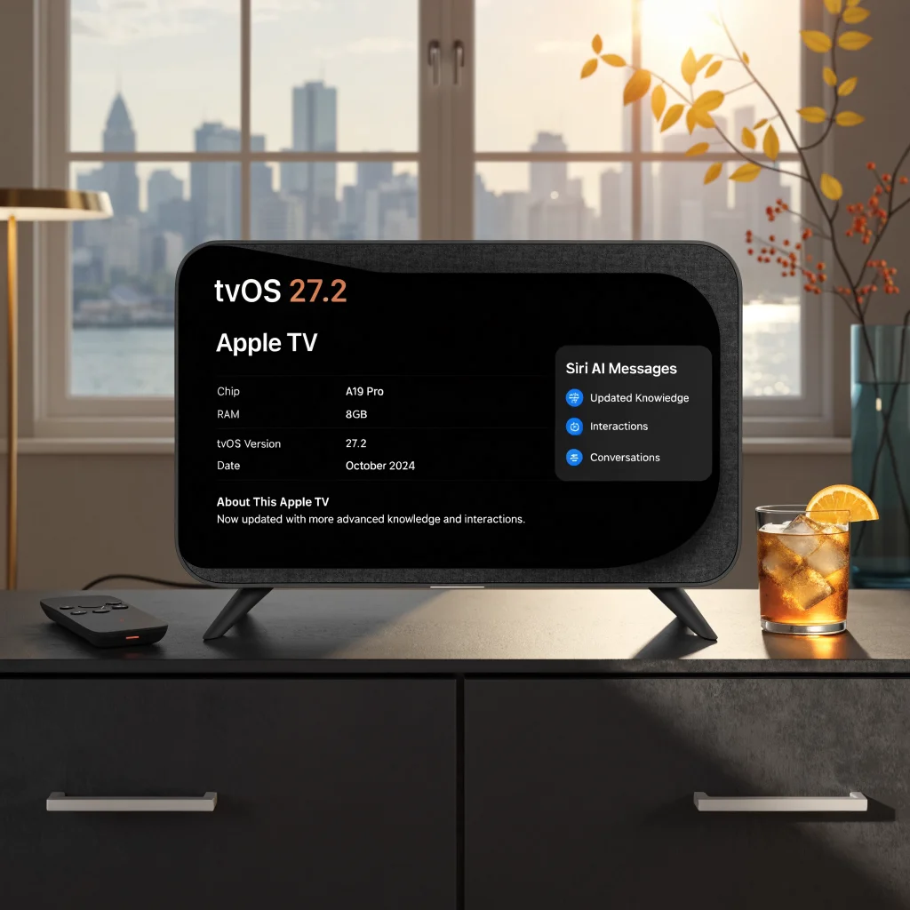 Sleek Apple TV with A19 Pro chip and 8GB RAM displaying tvOS 27.2 settings screen featuring upgraded Siri AI messages interface, October 2024 update.