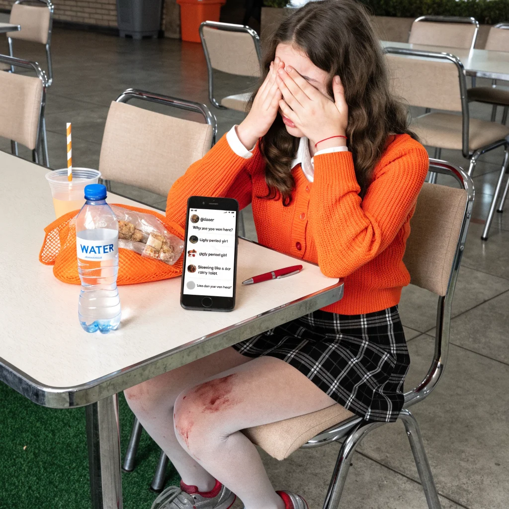 A realistic photo of a teenage girl experiencing digital bullying on social media, reflecting modern school bullying and menstrual challenges in the digital age.
