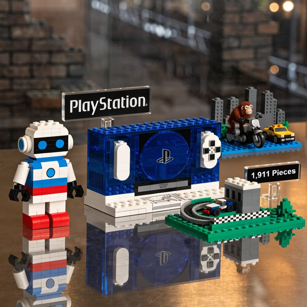 A realistic photo of the new LEGO PlayStation set featuring Astro Bot figure, PlayStation 1 model, Gran Turismo diorama, and Ape Escape scene with 1,911 pieces.