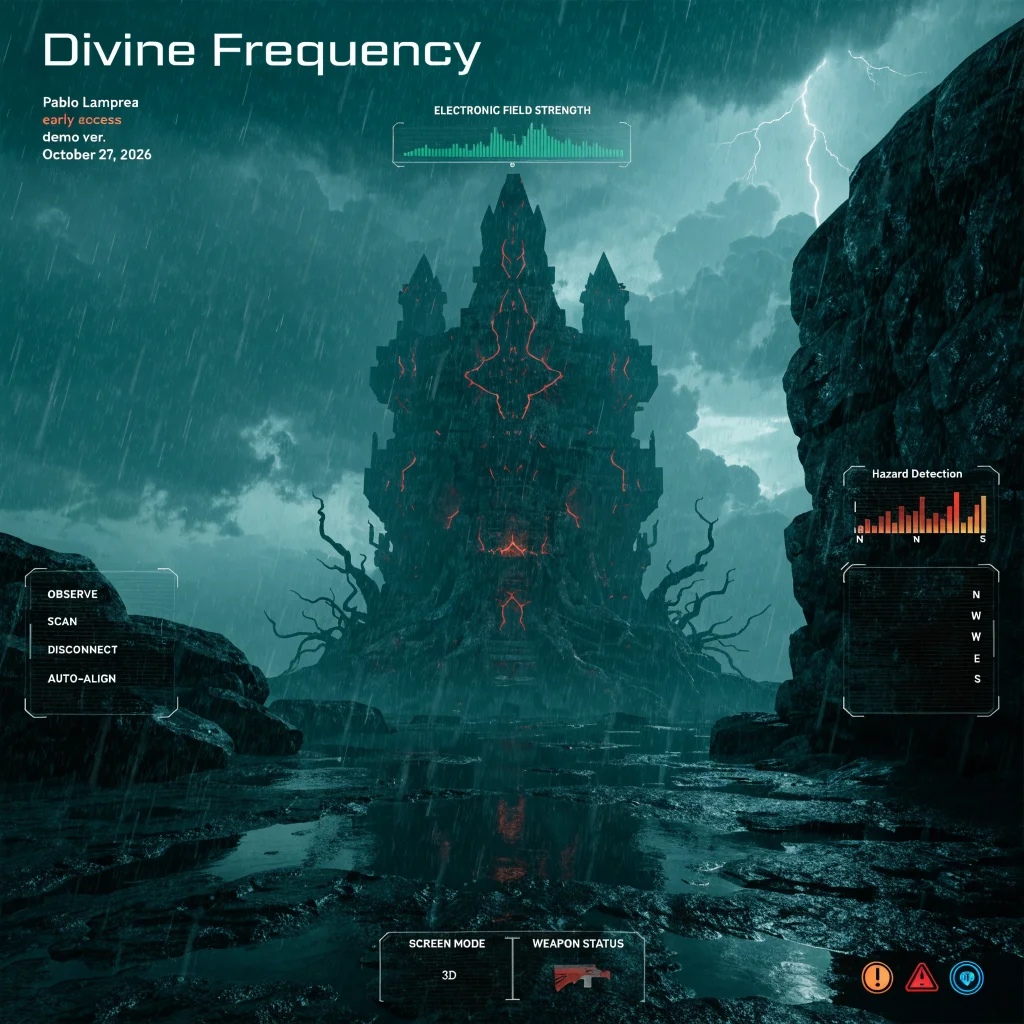 A realistic photo of a dark, eerie cosmic horror RPG FPS game interface titled Divine Frequency, showing Pablo Lamprea's early access demo from October 27, 2026.