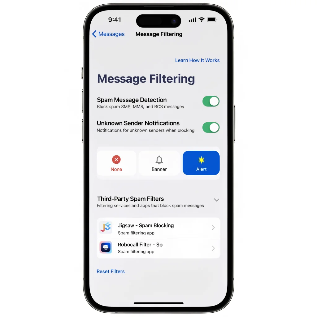 A close-up of an iPhone screen showing iOS 27 message filtering settings managing spam SMS, MMS, and RCS messages with unknown sender notifications and third-party app options.