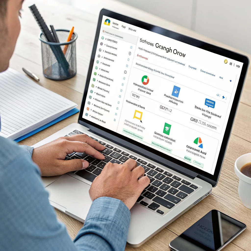 A realistic photo of a person collaborating on Google Drive, displaying file organization, OCR document scanning, version history, offline mode, and cloud storage features on a laptop screen.