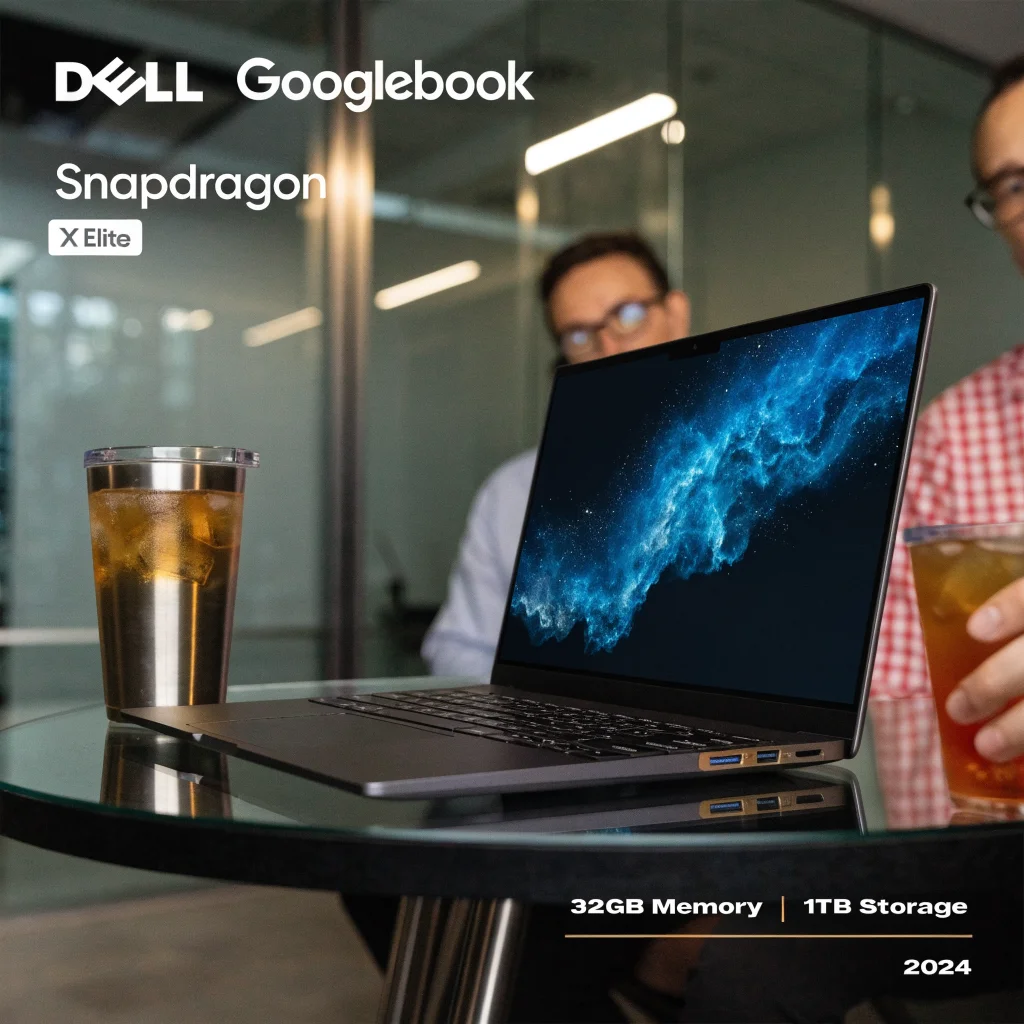 A sleek Dell Googlebook laptop with Snapdragon X Elite processor, 32GB memory, 1TB storage, displayed during a 2024 presentation.