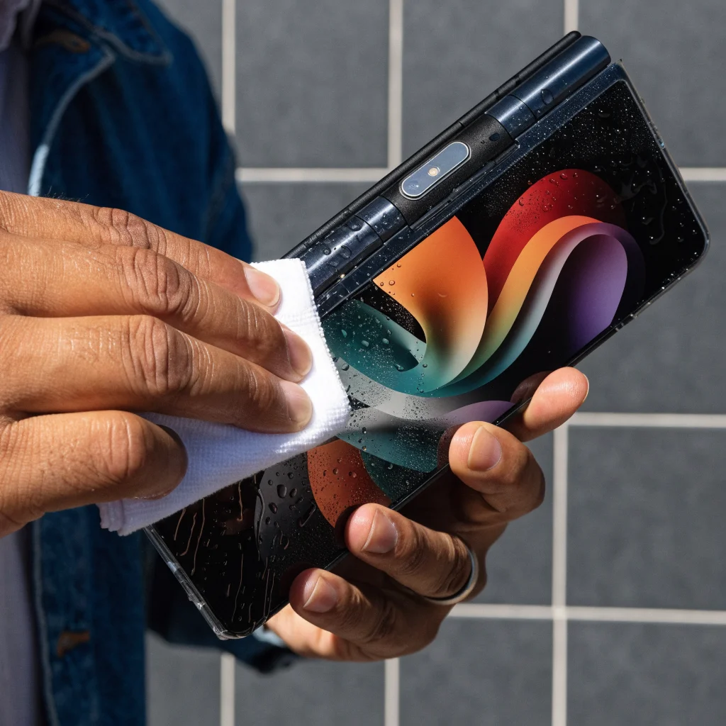 A Samsung Galaxy Z Fold8 smartphone with foldable screen being carefully cleaned and protected to enhance durability and prevent damage.