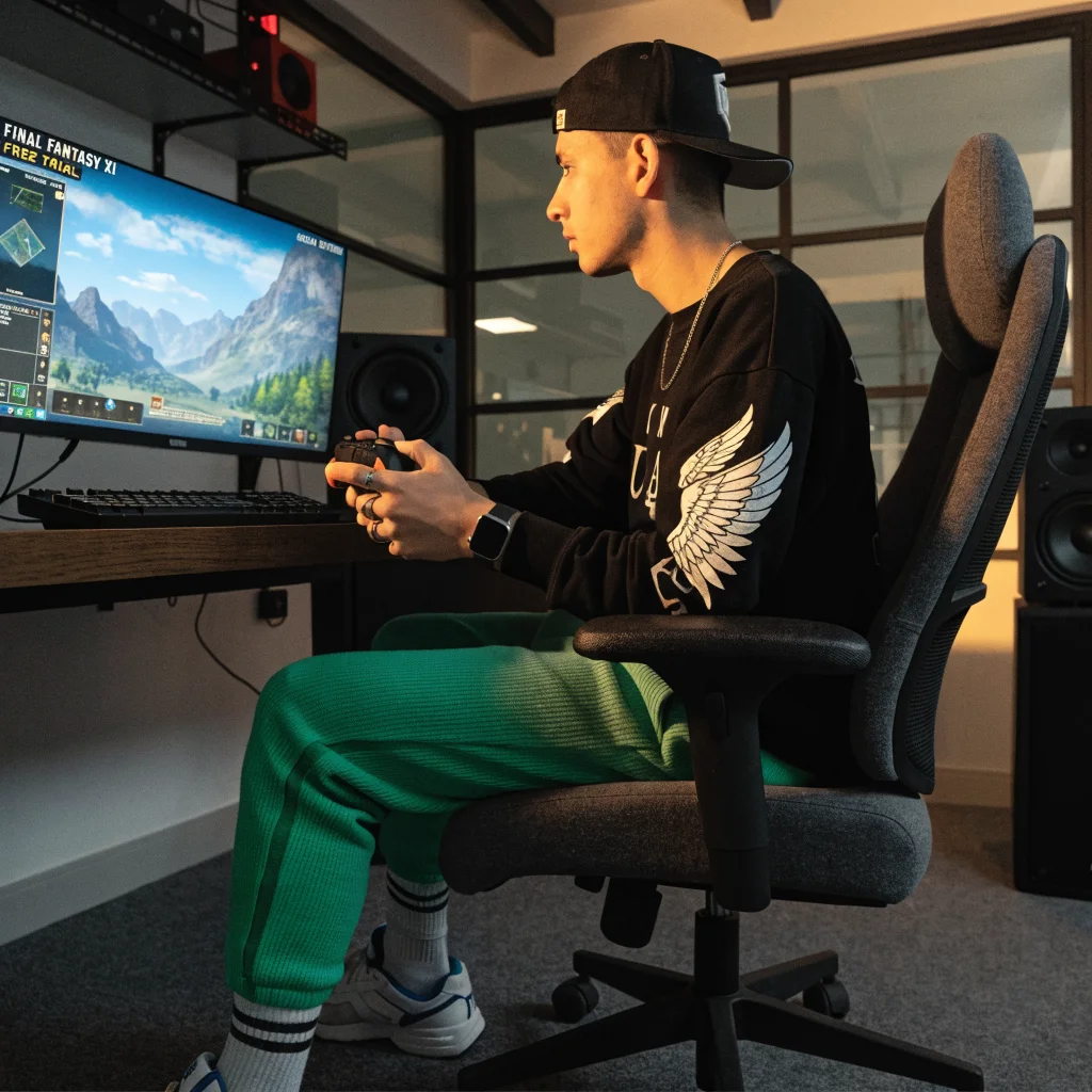 A realistic photo showing a gamer enjoying the free trial experience of Final Fantasy 11 on a computer, with visible in-game elements and a social system interface.