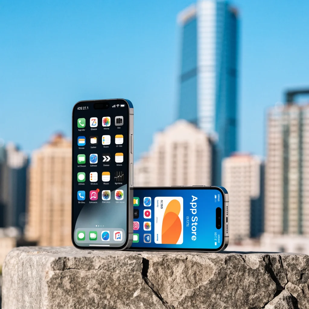 A realistic photo of a foldable iPhone Duo with dual screens showcasing iOS 27.1 and the App Store interface.