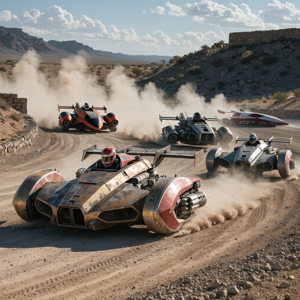 A realistic photo of various Star Wars Galactic Racer speeders racing on a desert track, showcasing tuned vehicles performing drift techniques.