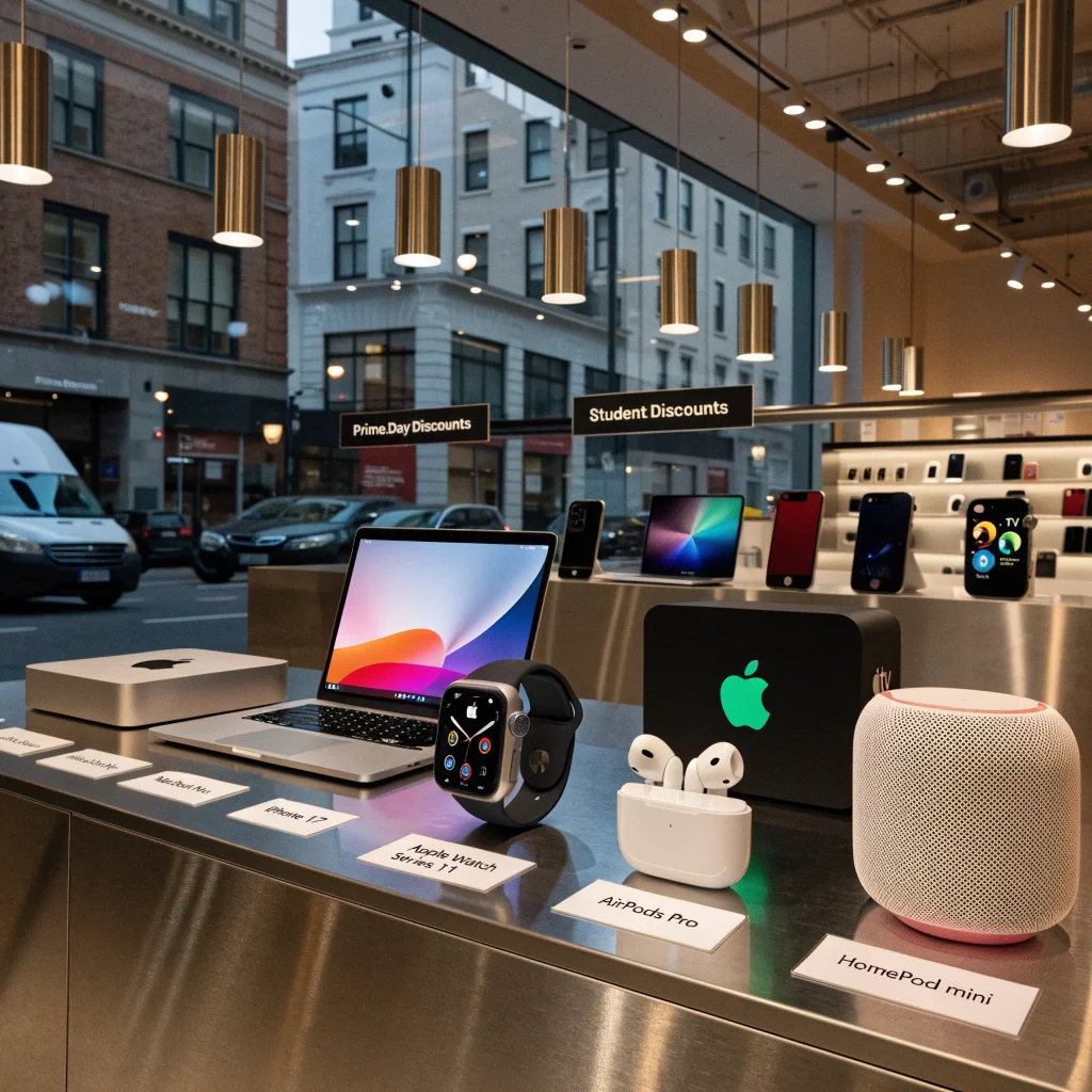 A realistic photo of an Apple retail store display showcasing Apple M6 Mac mini, MacBook Neo, iPhone 17, Apple Watch Series 11, AirPods Pro, Apple TV 4K, and HomePod mini with Prime Day discounts and student discount signs.