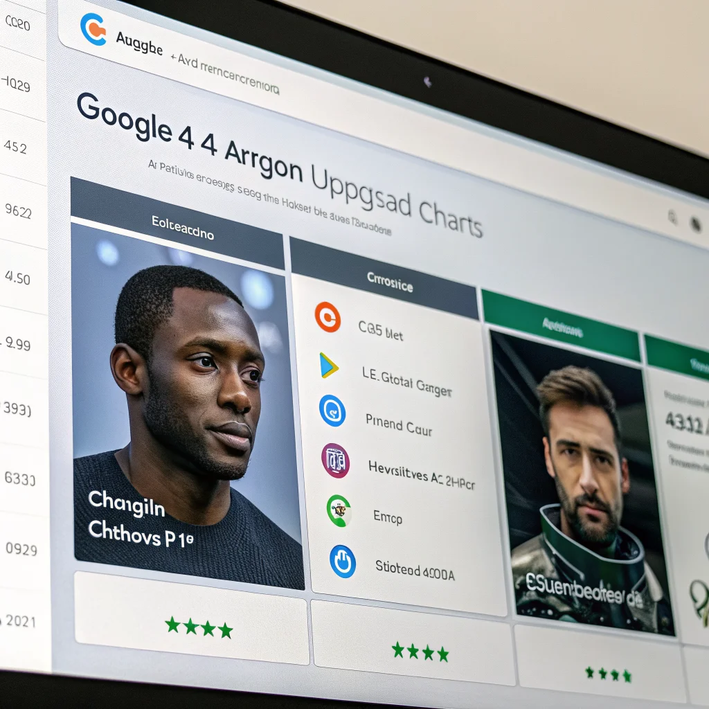 Realistic photo of a computer screen displaying Google Gemini 4 Argon AI upgrade comparison charts with ChatGPT and Claude, alongside cybersecurity and Android app icons.