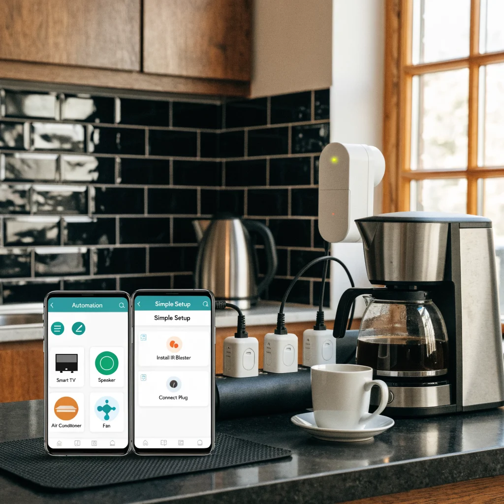 A realistic photo of an Android phone controlling a DIY smart home system with IR blaster and smart plug, showing automation apps and simple setup on screen.