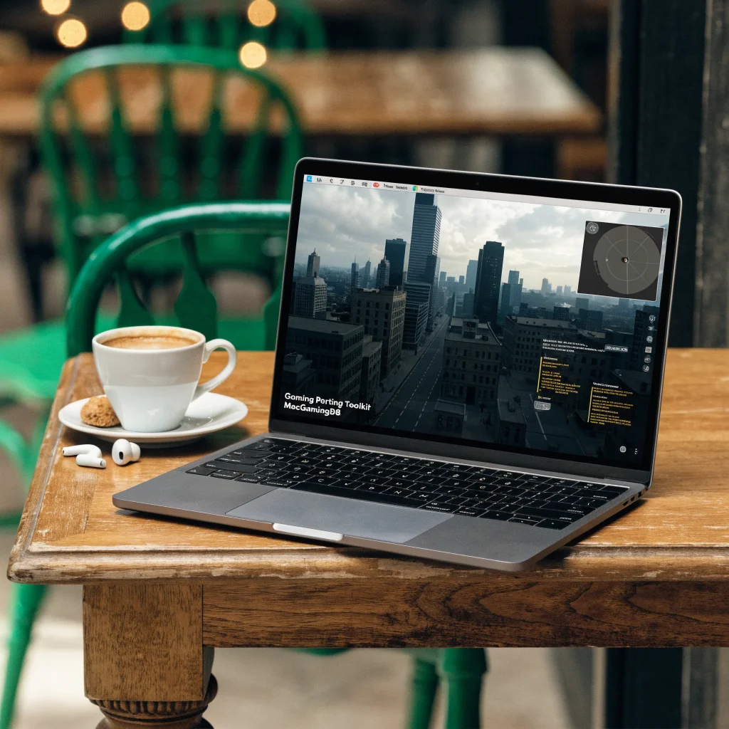 A realistic photo of an M5 MacBook Pro laptop running a Mac-compatible game using the Gaming Porting Toolkit and MacGamingDB on macOS.
