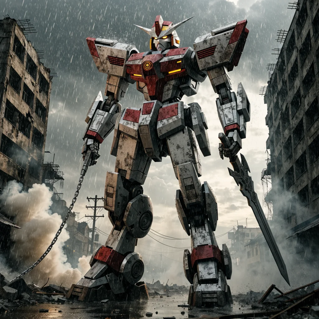 A realistic photo of a Gundam robot with whip sword and sword lance weapons stands ready for action in a futuristic mechanical war RPG setting.