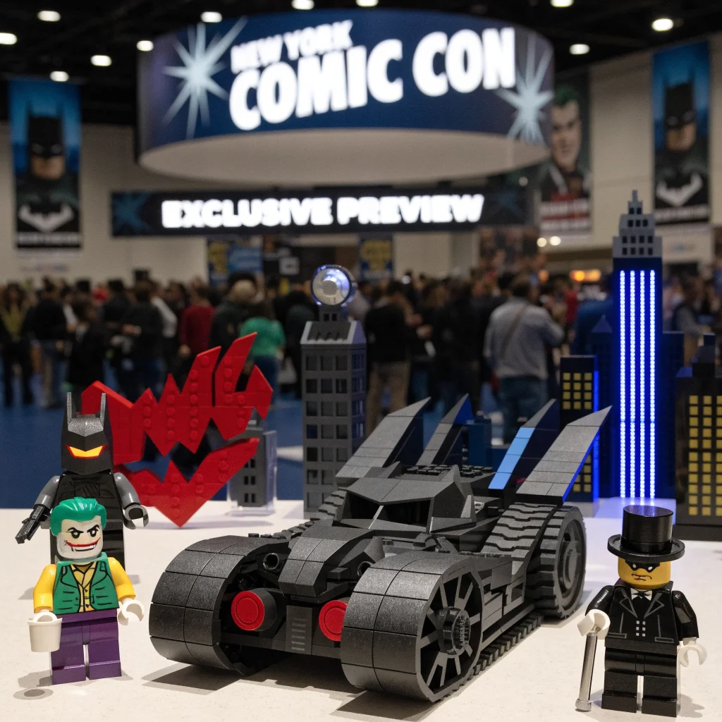 A realistic photo of exclusive Lego Batman sets and minifigures displayed at New York Comic Con, featuring The Joker, Arkham Knight, Batmobile, and Penguin.