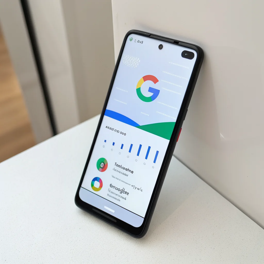 A realistic photo of a Google Pixel smartphone displaying AI-enhanced battery optimization and adaptive connectivity settings on screen.