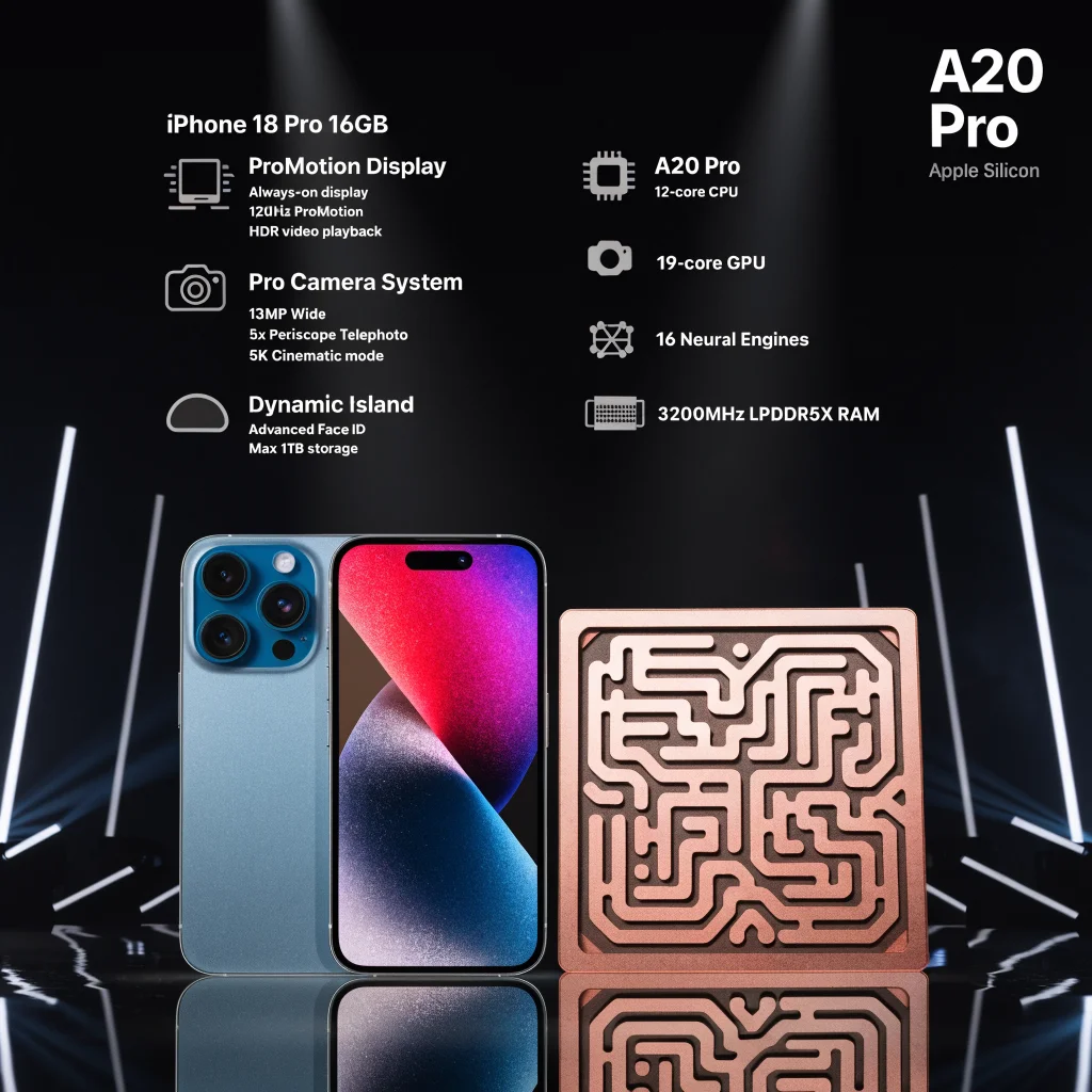 A sleek iPhone 18 Pro 16GB next to Apple Silicon A20 Pro chip showcasing new features at an Apple product launch event.