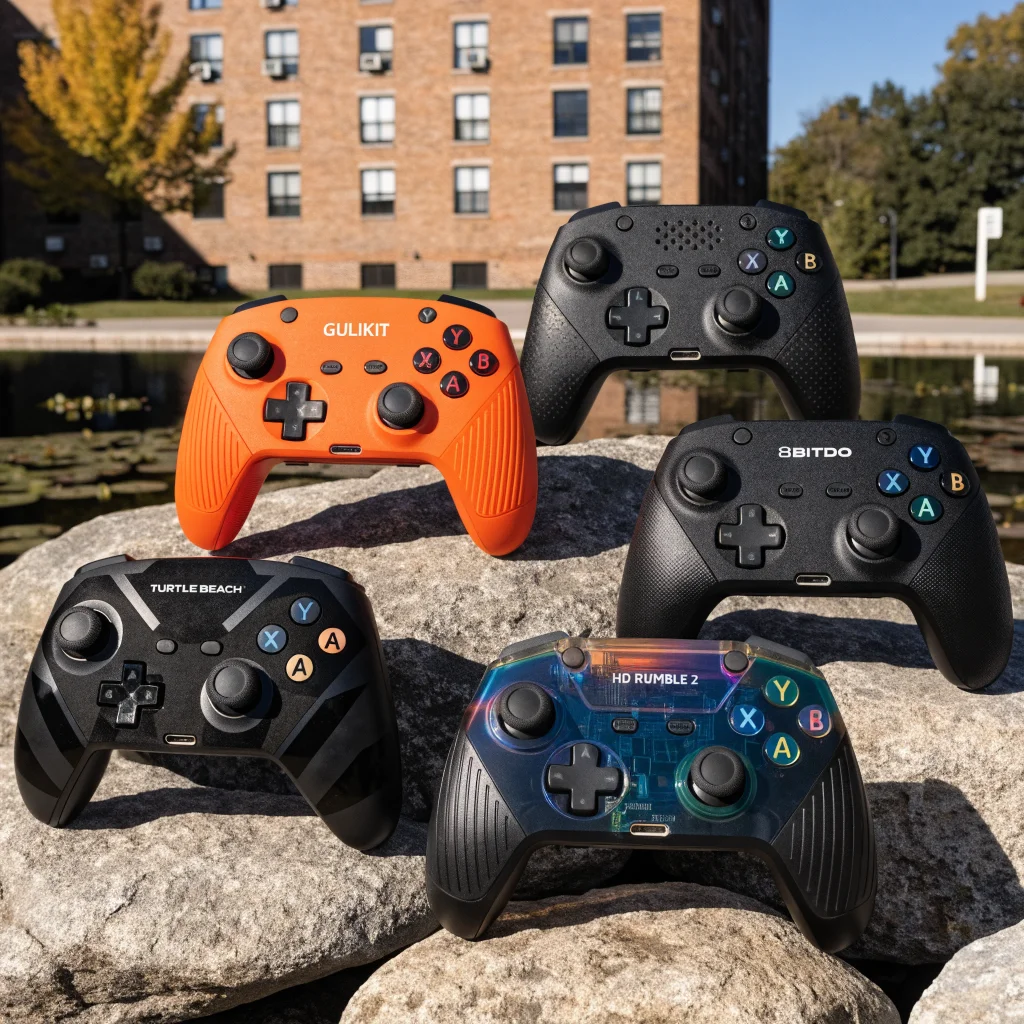A realistic photo of various affordable alternative controllers for the Nintendo Switch 2 Pro Controller, including Turtle Beach, GuliKit, and 8BitDo models, showcasing HD Rumble 2 and USB-C charging.