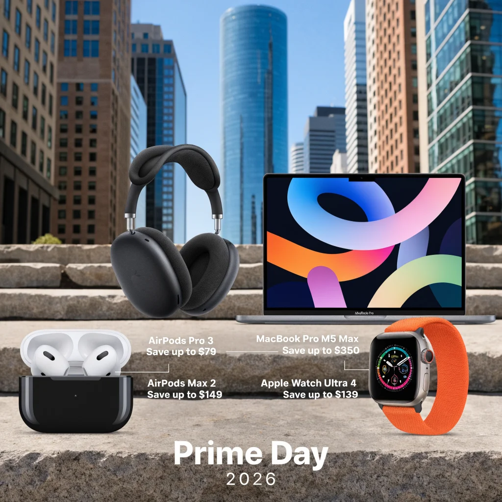 A realistic photo of various Apple products including AirPods Pro 3, AirPods Max 2, MacBook Pro M5 Max, and Apple Watch Ultra 4 displayed with Amazon Prime Day discount tags in 2026.