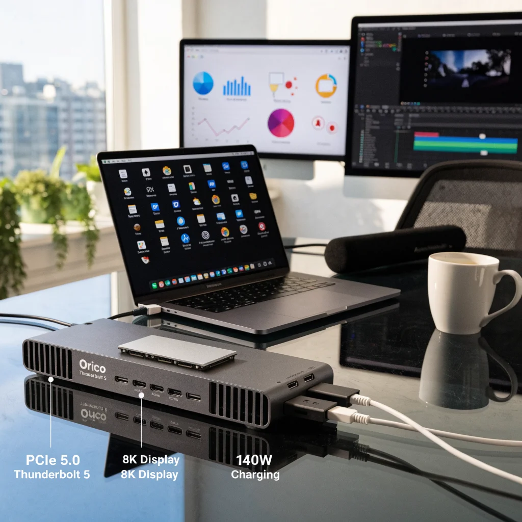 A sleek aluminum Orico Thunderbolt 5 docking station showcasing M.2 NVMe SSD, 8K display support, Thunderbolt 5 ports, 140W charging, and PCIe 5.0 speeds connected to a Mac workspace.