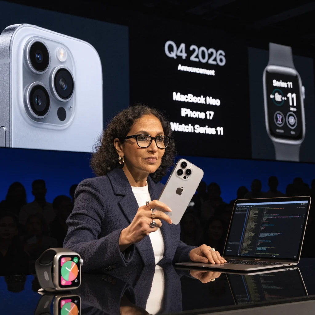 A realistic photo of an Apple executive presenting new products like MacBook Neo, iPhone 17, and Apple Watch Series 11 during the Q4 2026 announcement.