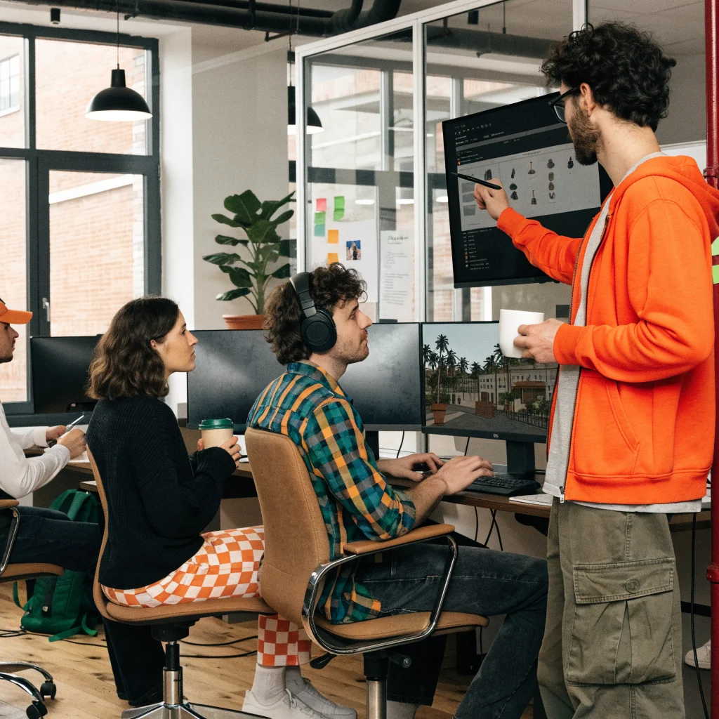 A modern game development studio office with a team working on a high-budget Rockstar Games project inspired by GTA San Andreas.
