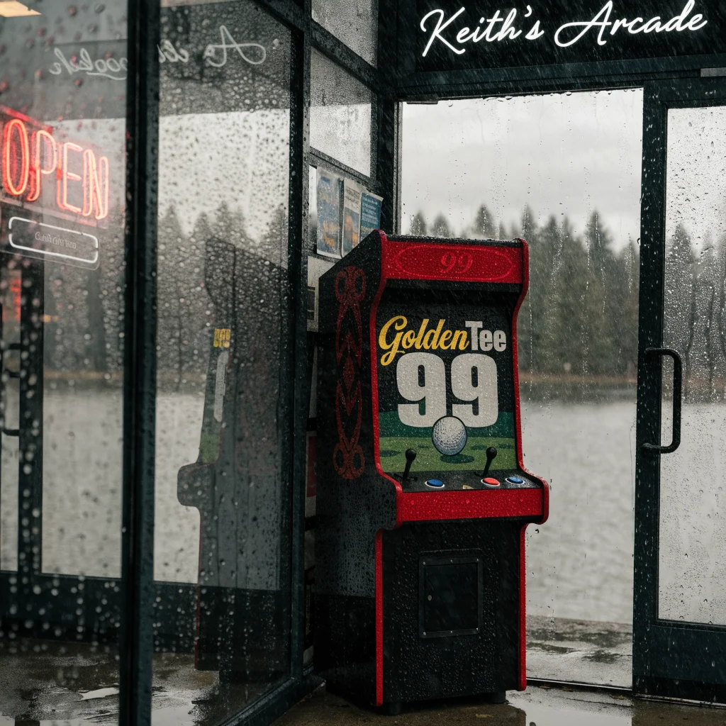 A realistic photo of a vintage Golden Tee 99 arcade machine in Keith's Arcade with a Colorado lake background, evoking a cold case golf mystery atmosphere.