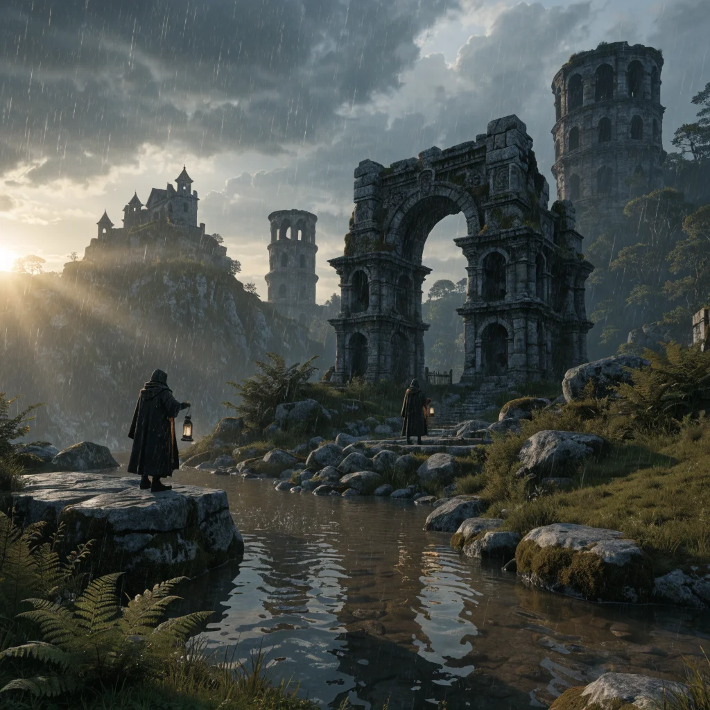 A detailed realistic photo of Vernworth and Brant landscapes from Dragon's Dogma 2 Dark Arisen DLC featuring characters exploring mysterious ruins at dusk in New Game+ mode.