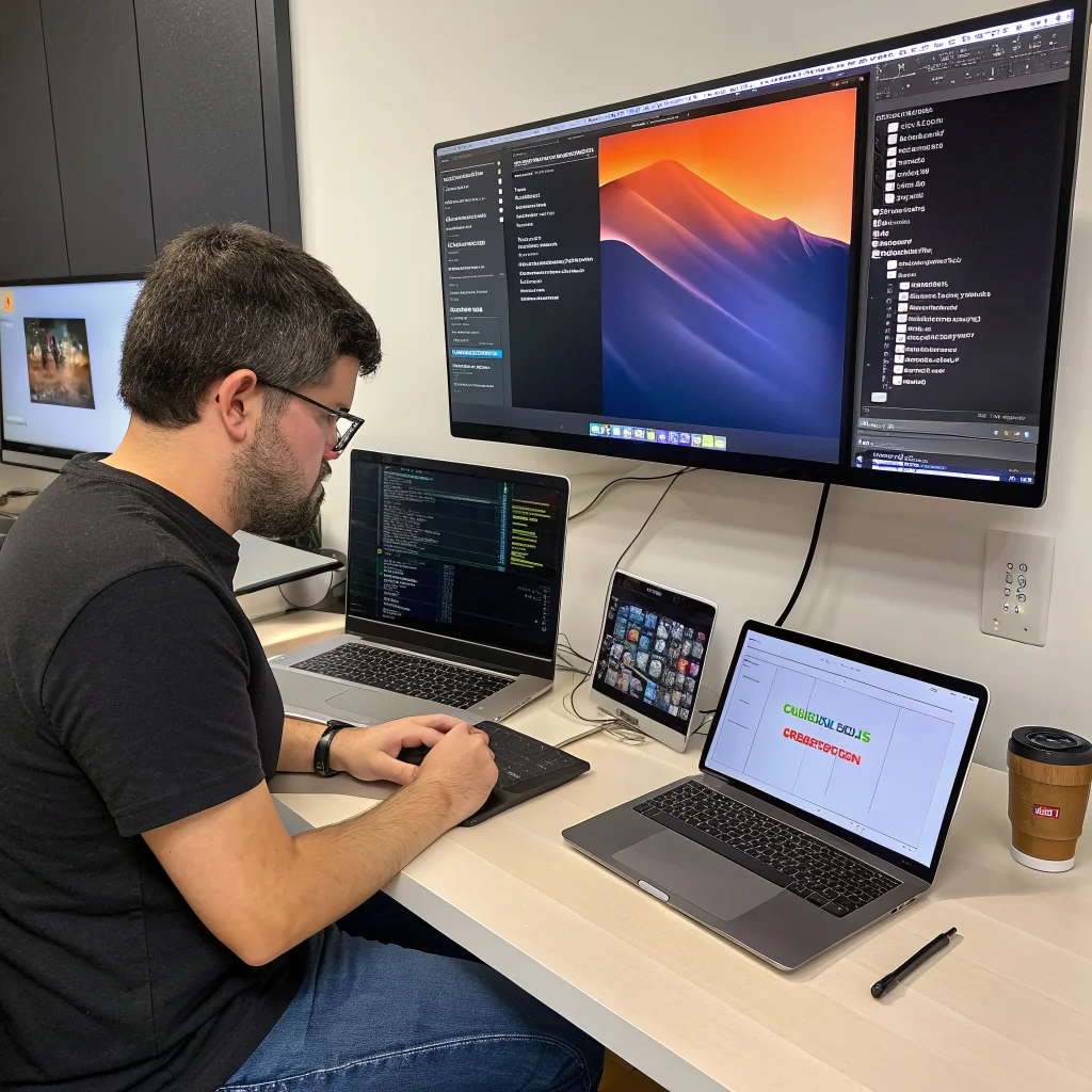 A realistic photo of a developer setting up Android SDK and Xcode Command Line Tools on an Apple Silicon Mac with Googlebook open and Bluetooth issues visible.