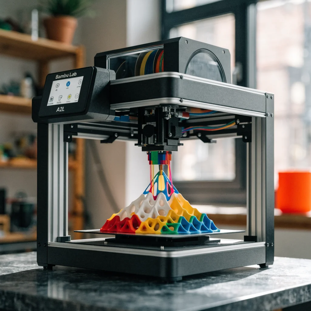 A realistic photo of the Bambu Lab A2L 3D printer with automatic bed leveling, multicolor filament printing, and AMS 2 filament storage system in action.