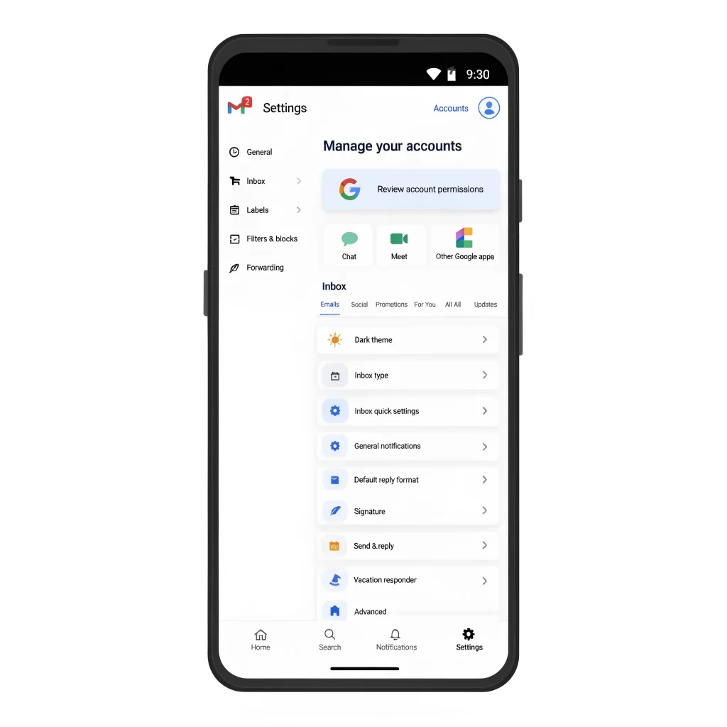 A smartphone screen displaying the redesigned Gmail settings page on Android with options for Chat, Meet, and other Google apps settings.