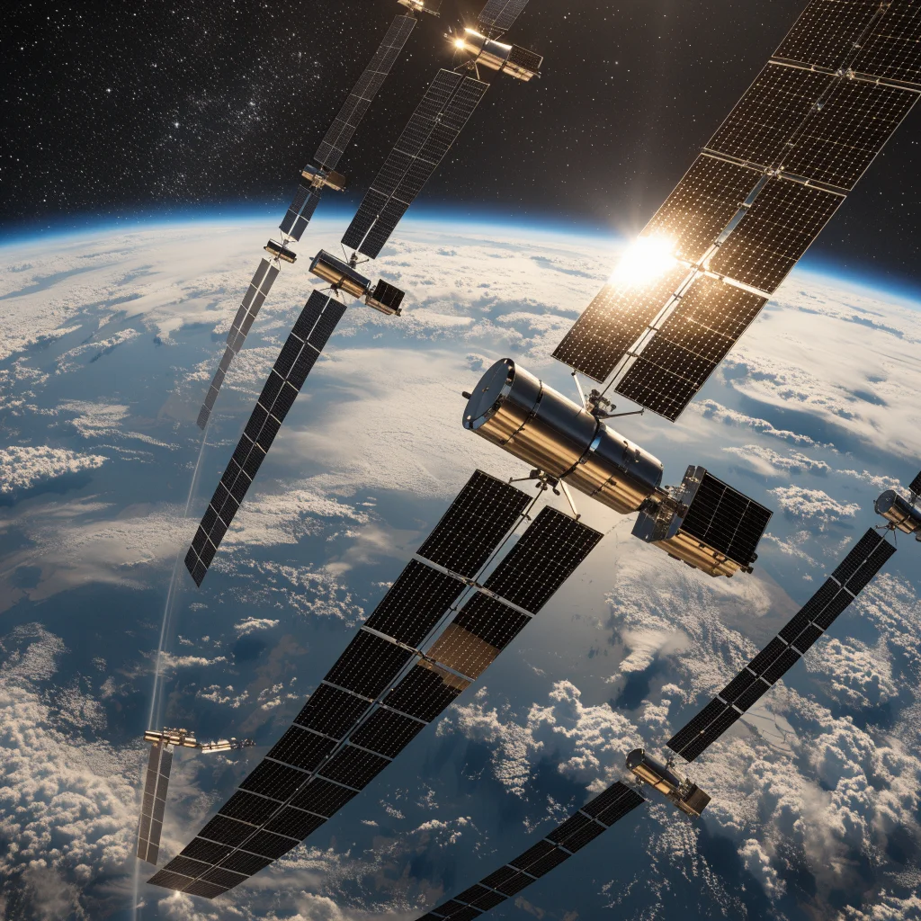A realistic photo of SpaceX Starlink Gen2 satellites in orbit enhancing 800 MHz mobile spectrum coverage for indoor satellite internet and mobile communications.