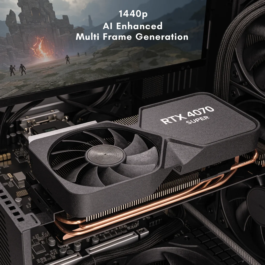 A close-up of an Nvidia RTX 4070 Super graphics card installed in a gaming PC displaying a 1440p game enhanced with AI and Multi Frame Generation technology.