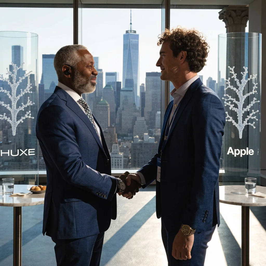 A realistic photo of Apple and Huxe executives shaking hands during an announcement of their collaboration on AI sound technology for recorded broadcasts.