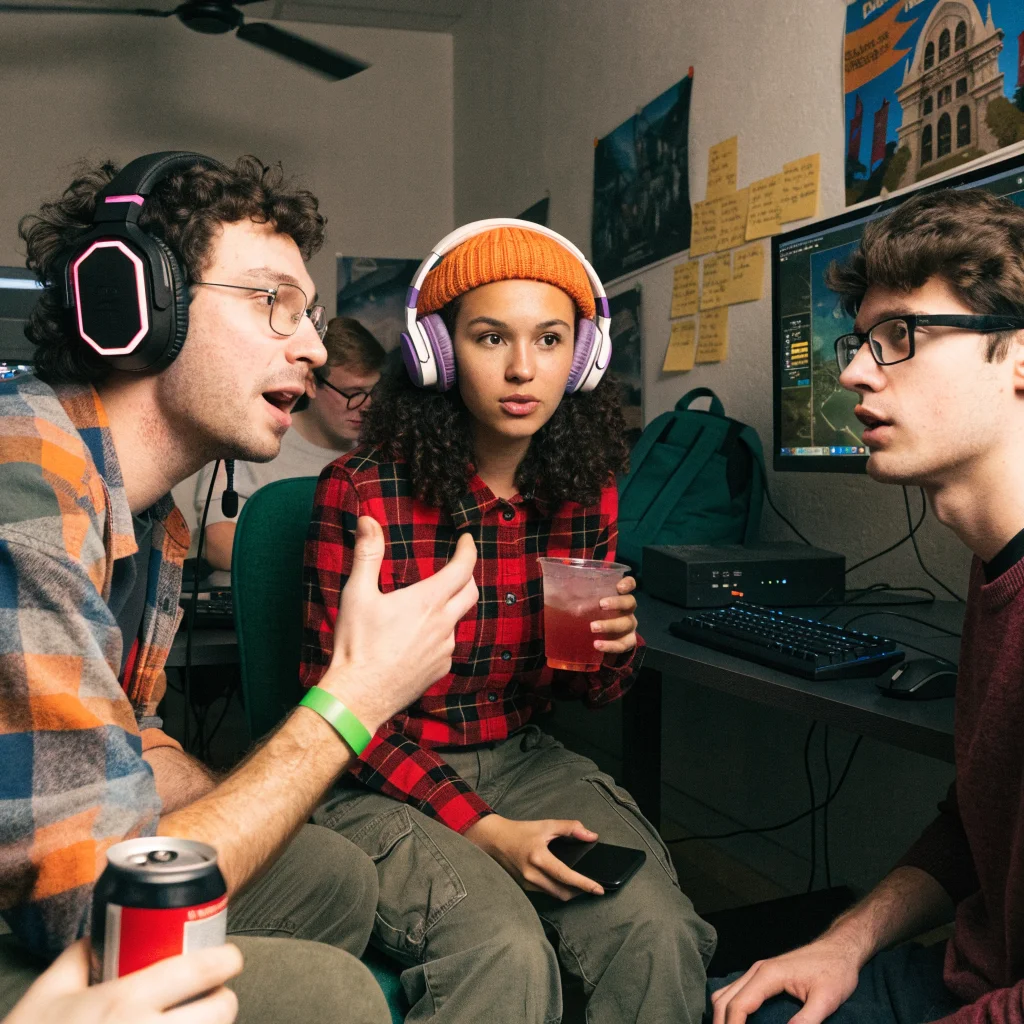 A realistic photo of World of Warcraft fans gathering around computers discussing class changes, battle improvements, and Dalaran city dungeon updates.