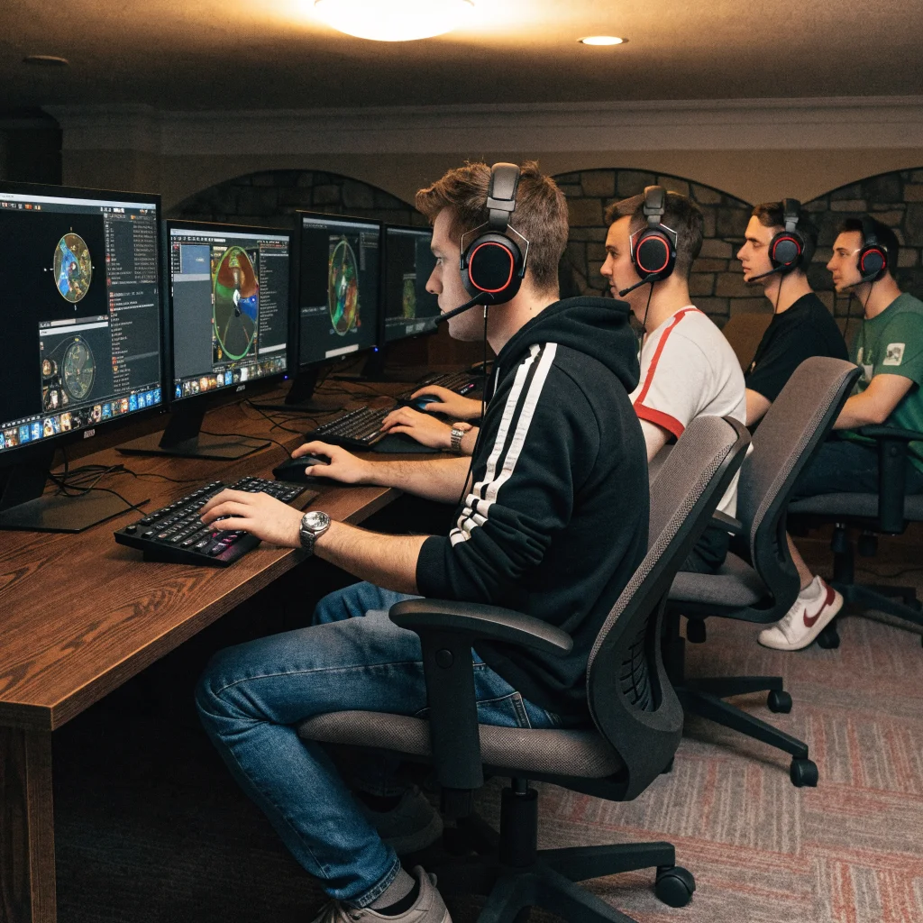 A realistic photo of dedicated hardcore World of Warcraft players engaged in a slow-paced Season of Discovery raid in WoW Classic+, emphasizing endgame and horizontal progression.