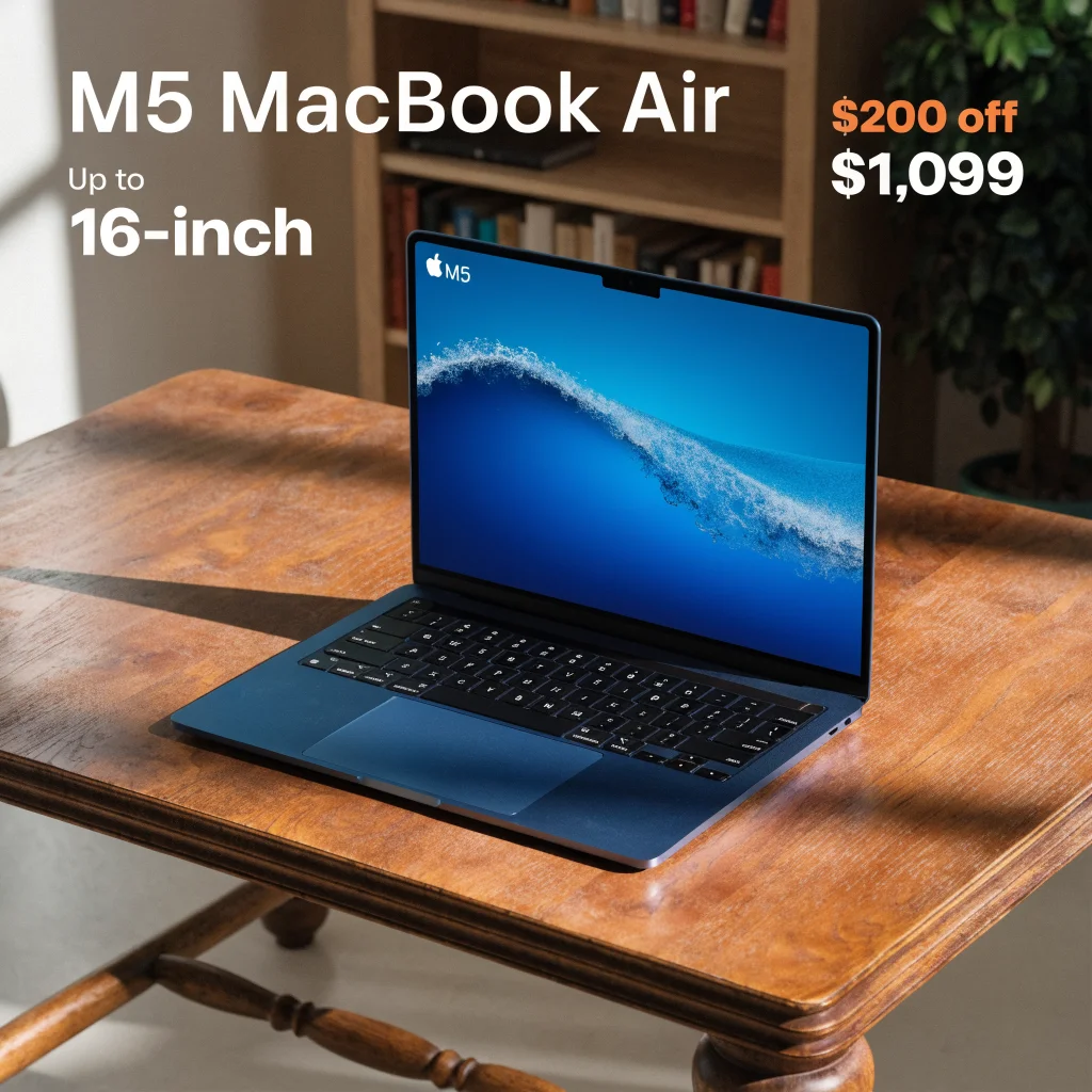 A sleek Apple M5 MacBook Air on a wooden desk, featuring a visible $200 discount price tag of $1,099.
