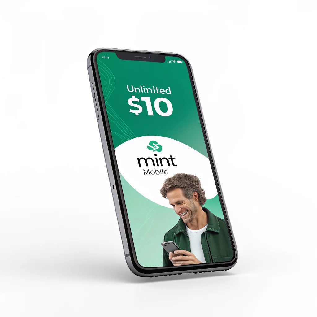 A realistic photo of a smartphone showing Mint Mobile’s unlimited $10 plan on a 5G network, celebrating its 10th anniversary with Ryan Reynolds branding.