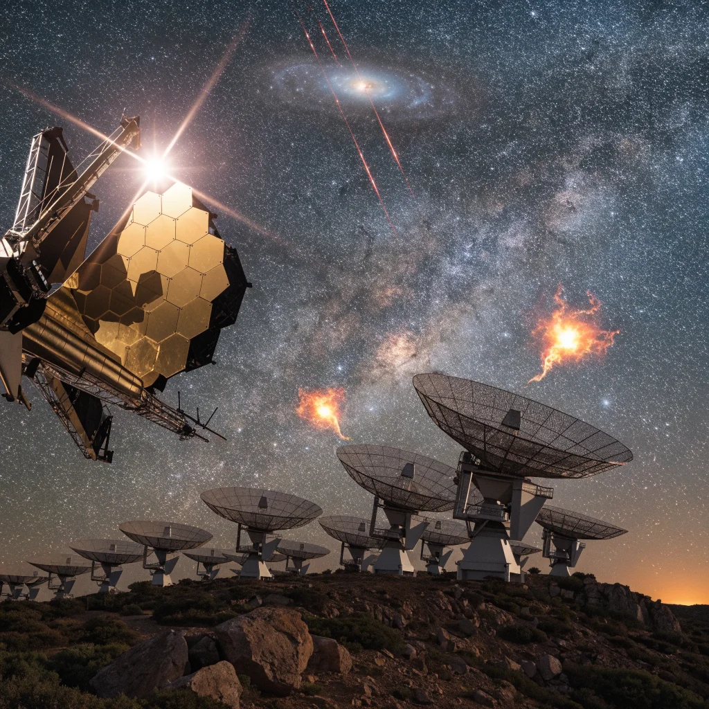 A realistic photo of the Webb telescope observing fast radio bursts from a distant galaxy with the MeerKAT telescope capturing cosmic explosions.
