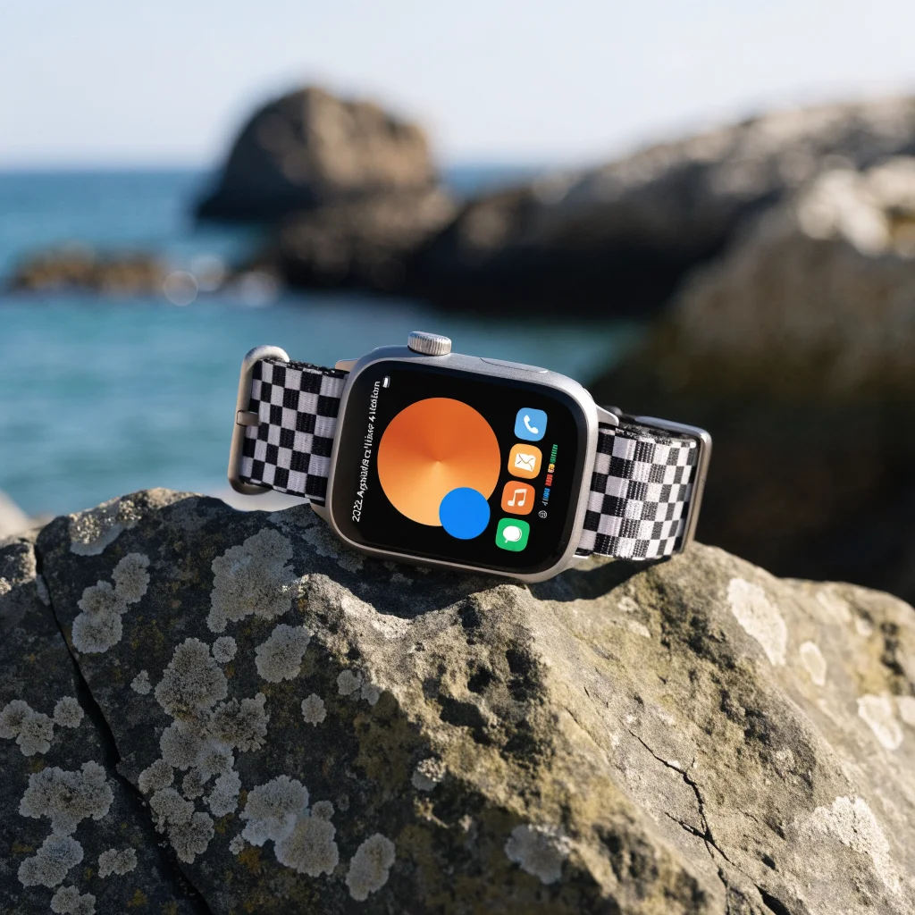 Close-up photo of an Apple Watch Series 12 with handmade Southern Straps NATO nylon band displayed with iOS 27 on the screen, highlighting 2026 Apple Watch Ultra 4 edition.