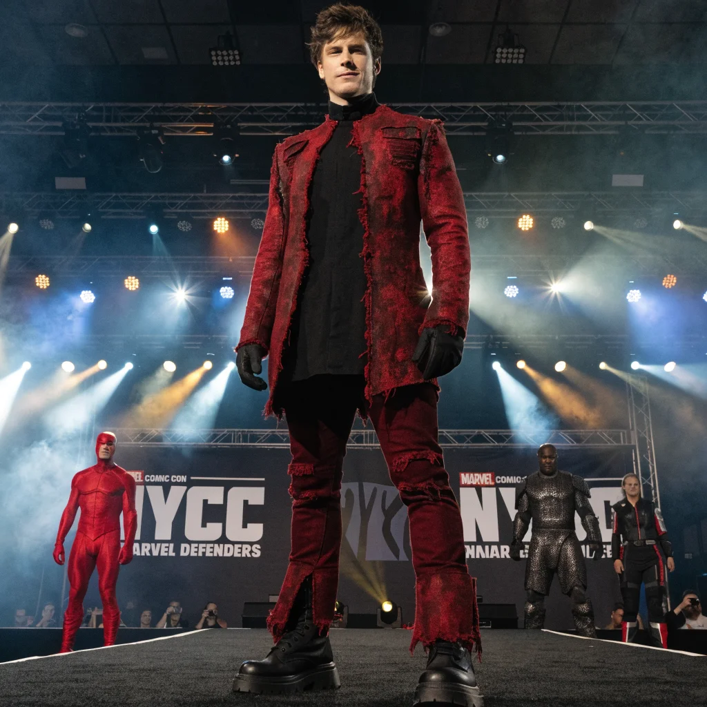 Finn Jones as Danny Rand stands confidently on a New York Comic-Con stage with Daredevil and Marvel Defenders characters behind him.