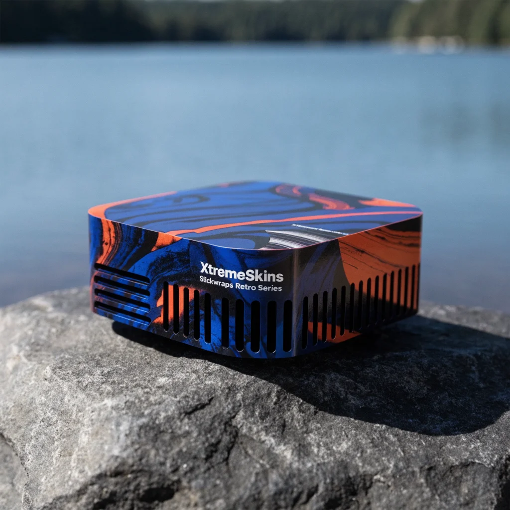 A realistic photo of a 2026 Mac mini covered with a protective vinyl wrap from XtremeSkins and Slickwraps Retro Series, highlighting air vent design.