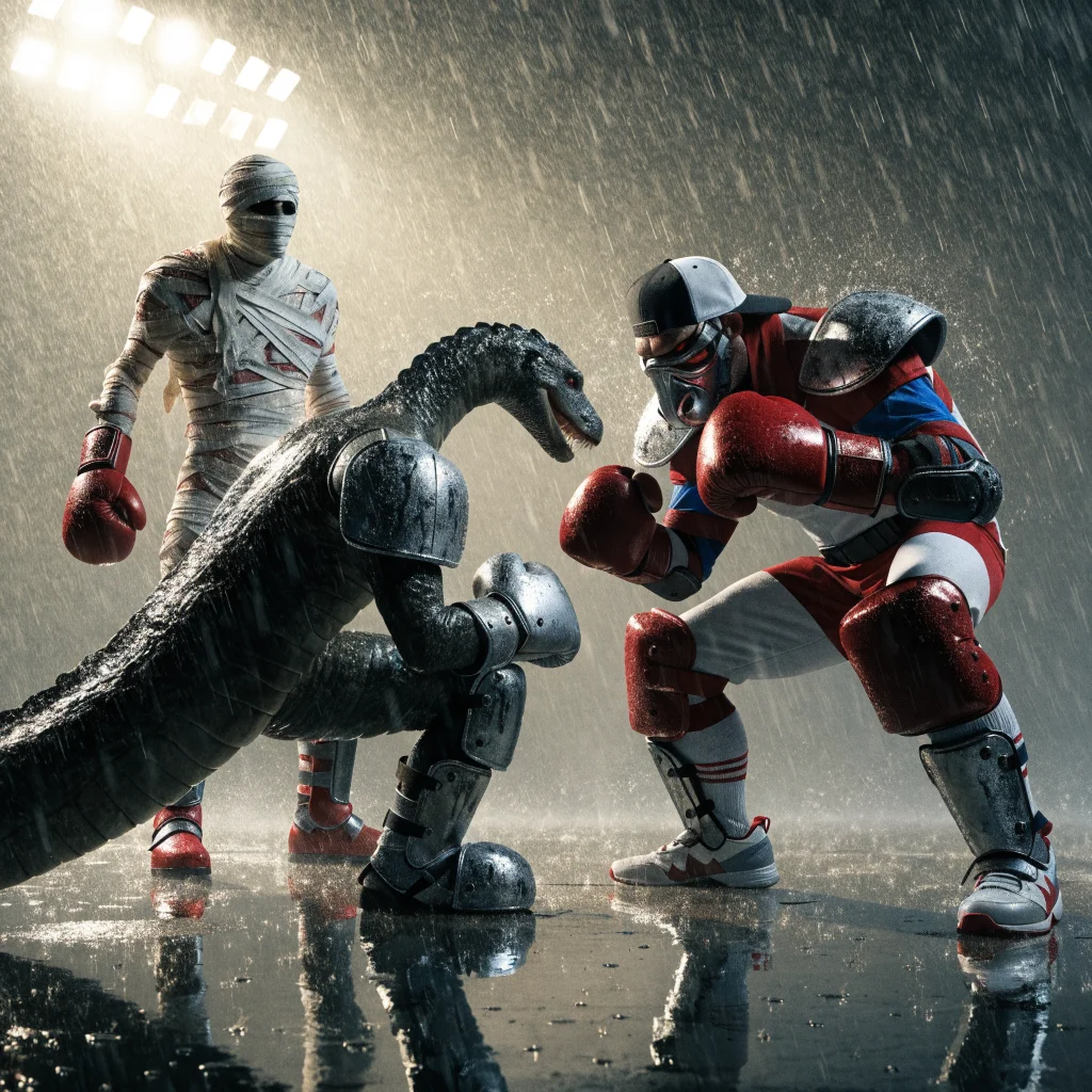 A vibrant, realistic photo of Deadlock video game characters combining mythological beings like Summer Mummy, Minotaur baseball player, and Loch Ness monster with spectacular boxing armor.