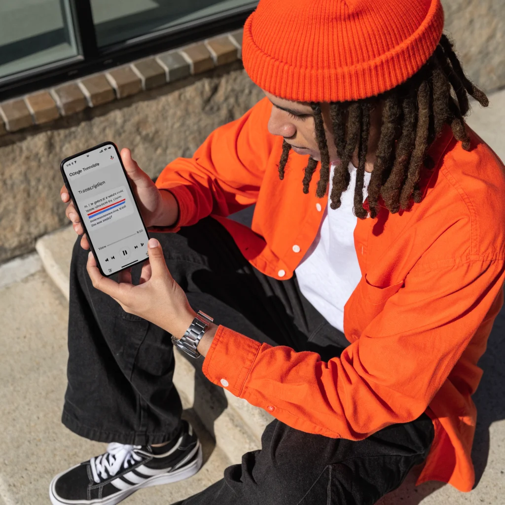 A person using a smartphone with Google Translate and Gboard voice transcription apps displaying real-time speech-to-text conversion on the screen.