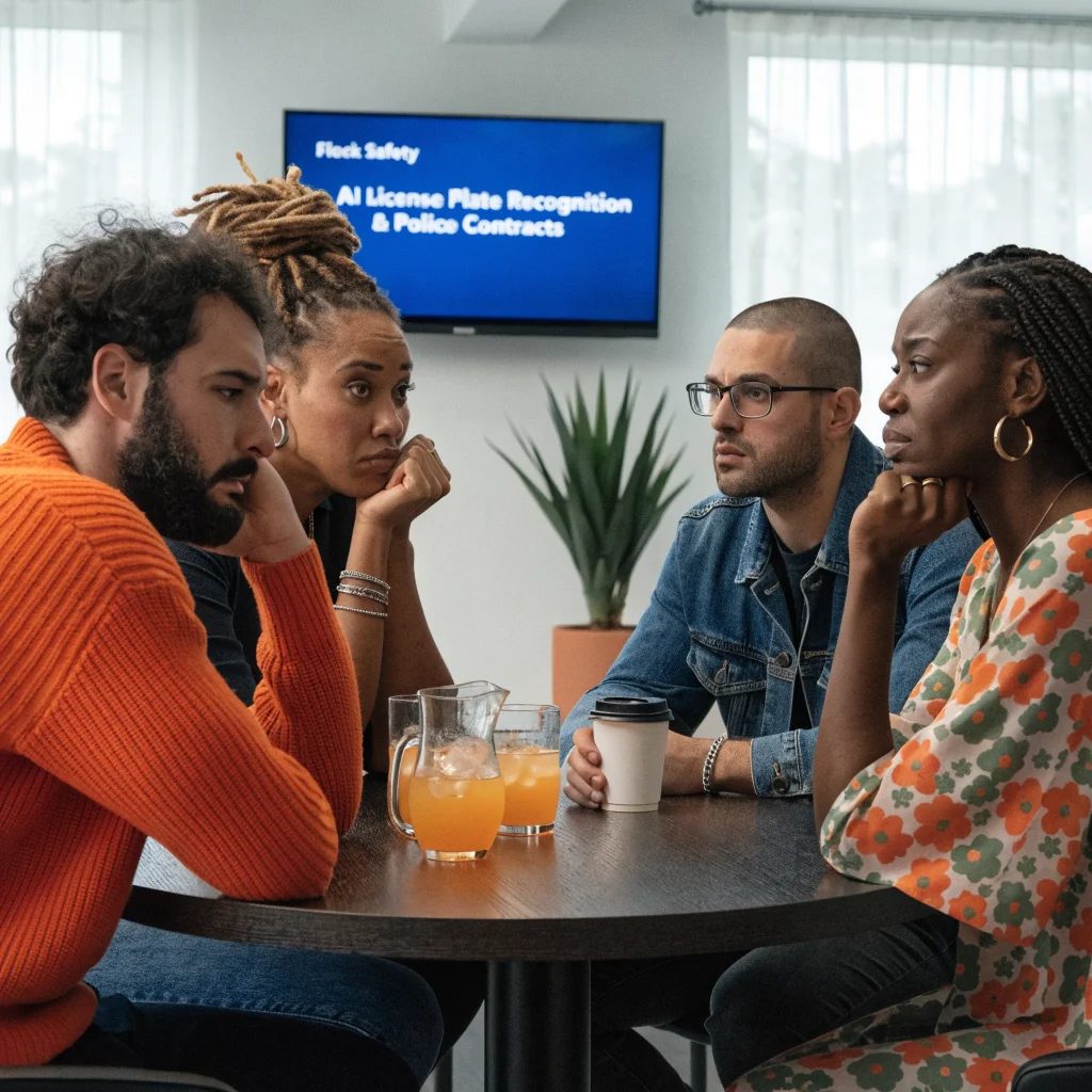 A professional meeting showing concerned employees discussing layoffs and public backlash against Flock Safety’s AI license plate recognition and police contracts.
