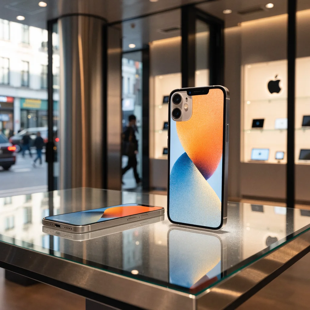 A close-up photo of an iPhone Duo with a customized matte nano-texture wallpaper displayed on its screen in an Apple Store setting.