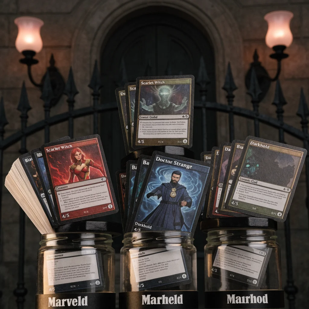 A realistic photo of Magic: The Gathering Marvel-themed cards featuring Doctor Strange, Scarlet Witch, Blade, and Darkhold book, with mystical Marvel gods and Dormammu dimension artwork.