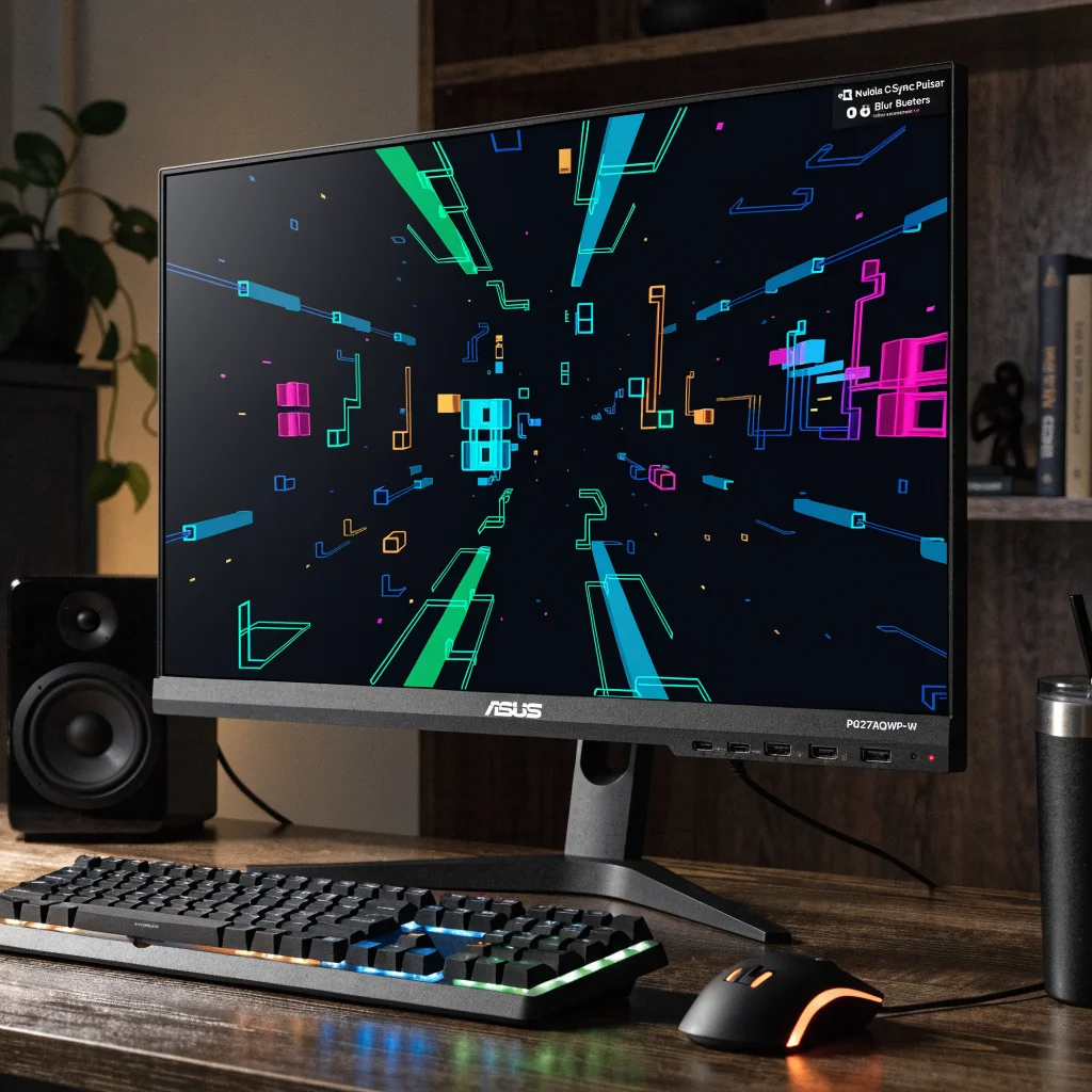 A realistic photo of an Asus PG27AQWP-W OLED monitor displaying a CRT simulation game with Nvidia G-Sync Pulsar and Blur Busters motion clarity features.