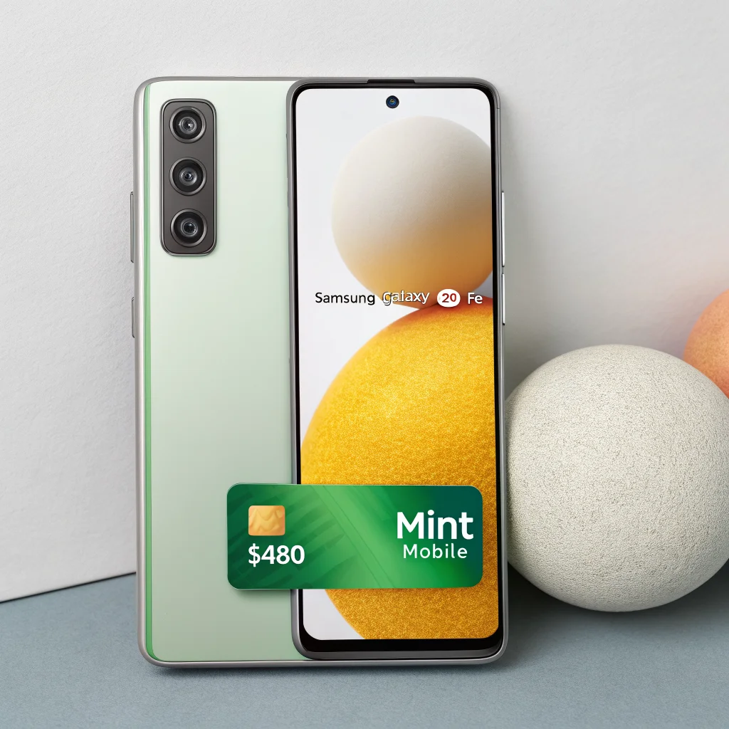 A close-up photo of a Samsung Galaxy S26 FE smartphone displaying its 6.7-inch AMOLED screen, highlighting the 50MP camera, alongside a Mint Mobile SIM card and a promotional price tag of $480.