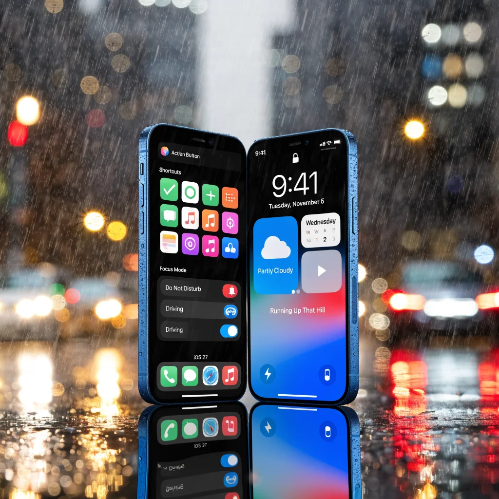 A realistic photo of an iPhone Duo showing the new customizable Action Button, Shortcuts app, Focus Mode settings, and lock screen widgets on iOS 27.