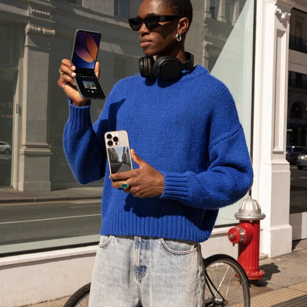 A realistic photo of a modern foldable smartphone similar to the Galaxy Z Fold 8 showcasing its dual screen, held by a person comparing it to an iPhone Duo.