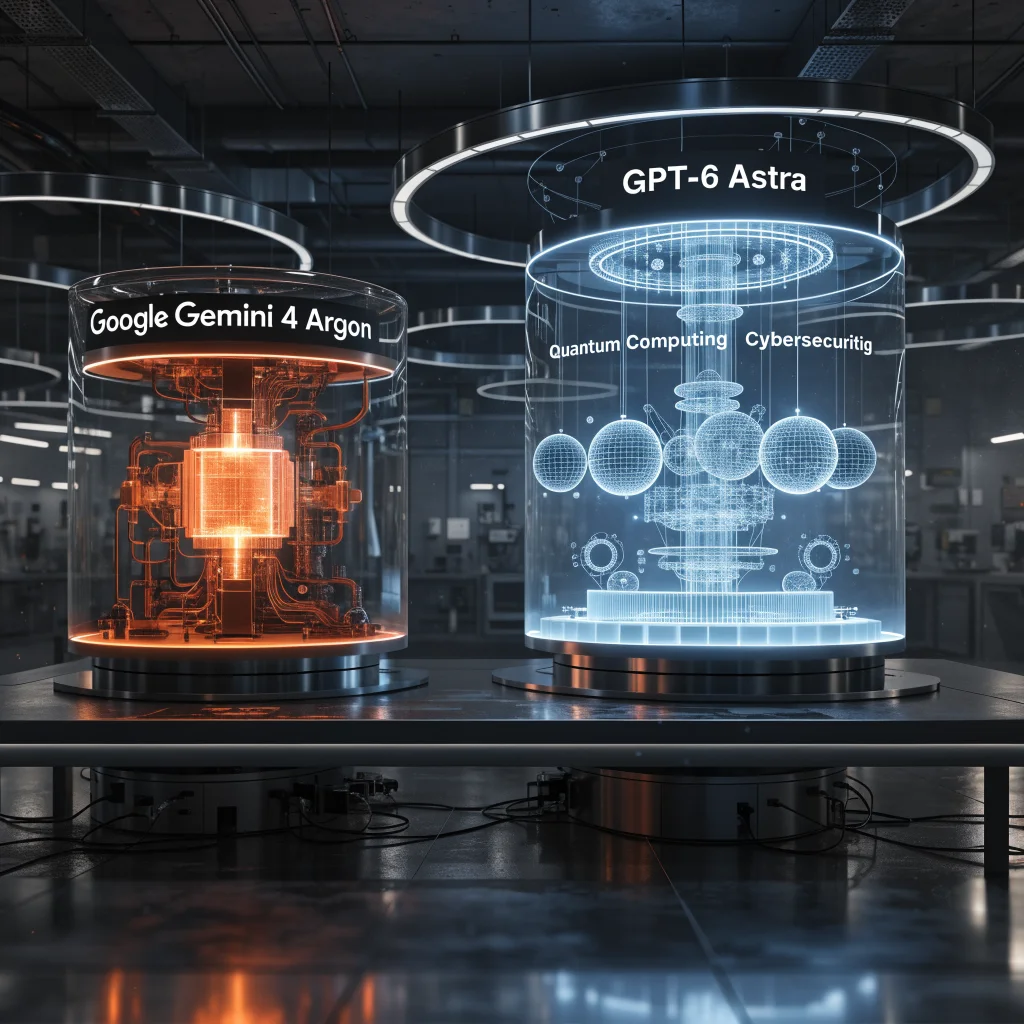 A high-tech lab setting showing Google Gemini 4 Argon AI hardware alongside GPT-6 Astra, highlighting quantum computing and cybersecurity features.